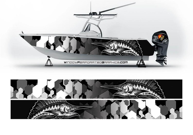 Fishing Boat Trailer - Vinil Barco Wrap, Marlin Fish Graphic,